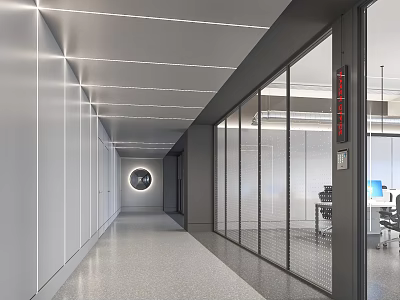 Modern Office Corridor Design With Linear Ceiling Lights Glass Partitions And Circular Decor 3d model