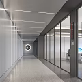 Modern Office Corridor Design With Linear Ceiling Lights Glass Partitions And Circular Decor