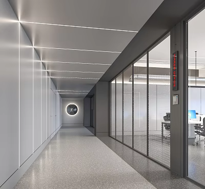 Modern Office Corridor Design With Linear Ceiling Lights Glass Partitions And Circular Decor 3d model