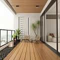 Home Balcony Design With Wooden Deck Floor Outdoor Chairs And Potted Plants
