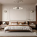 Elegant Classic Bedroom Interior With Paneled Walls Chandelier Linen Bed And Wooden Nightstands