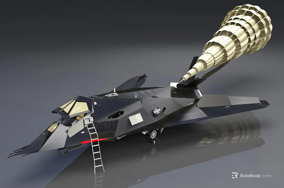 Black Stealth Fighter Jet With Spiral Exhaust Structure And Maintenance Ladder 3d model 