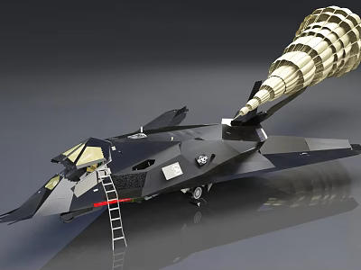 Black Stealth Fighter Jet With Spiral Exhaust Structure And Maintenance Ladder 3d model