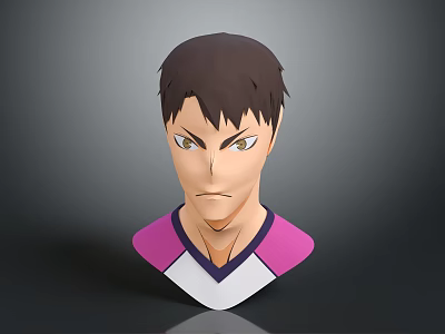 Male 3D Character Head Model With Short Hair Serious Expression And Pink White Top 3d model