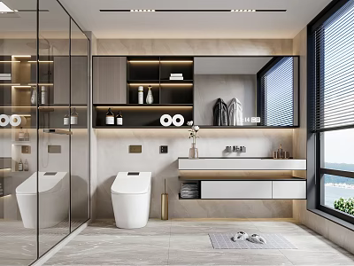 Modern Elegant Bathroom With Smart Toilet Sleek Vanity Large Mirror And Wall Cabinets 3d model