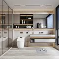 Modern Elegant Bathroom With Smart Toilet Sleek Vanity Large Mirror And Wall Cabinets