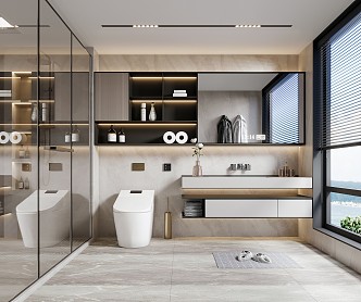 Modern Toilet Shower Room Bathroom Cabinet Mirror Toilet Trash Bin Washstand Basin Towel Rack 3d model