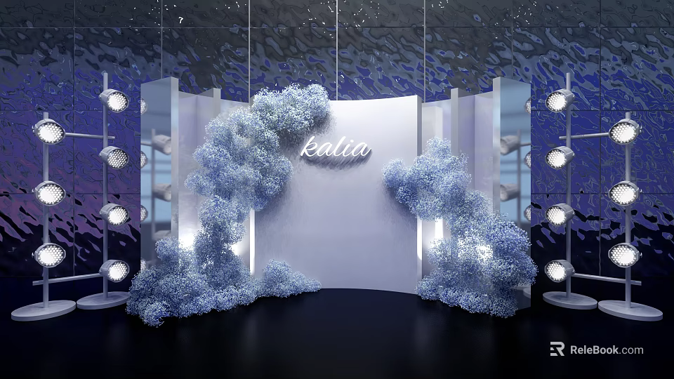 Katia Check In Area With Elegant Blue Floral Decorations And Stage Lighting 3d model 