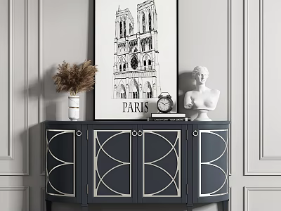 Deep Blue Console Sideboard Cabinet With White Geometric Design Dried Flowers Painting Clock And Sculpture 3d model