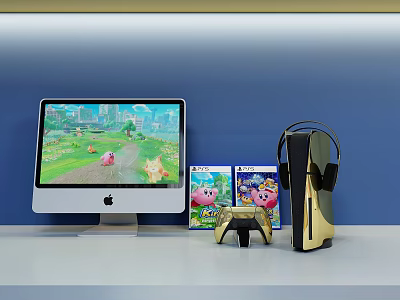 Gaming Entertainment Electronics Setup With Computer Monitor Game Discs Controller And Headphones 3d model