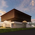 Modern Sales Office Building With Horizontal Lines Roof Design Front Steps And Green Plants