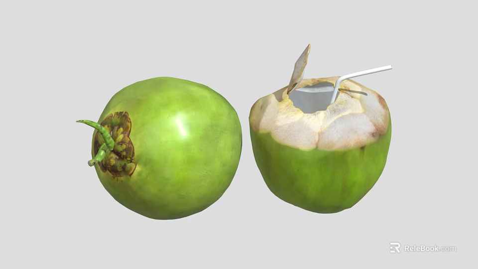 Fresh Green Coconut Showcasing Whole Fruit and Opened One with Straw and Spoon 3d model 