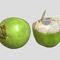 Fresh Green Coconut Showcasing Whole Fruit and Opened One with Straw and Spoon