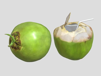 Fresh Green Coconut Showcasing Whole Fruit and Opened One with Straw and Spoon 3d model
