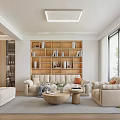 Bright Modern Living Dining Room Interior With Beige Sofa Armchairs Wooden Coffee Tables And Bookshelf