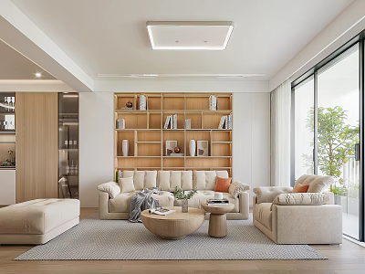 Bright Modern Living Dining Room Interior With Beige Sofa Armchairs Wooden Coffee Tables And Bookshelf 3d model