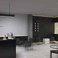 Modern Black Themed Café Interior With Sleek Counter Tables Chairs And Product Shelves