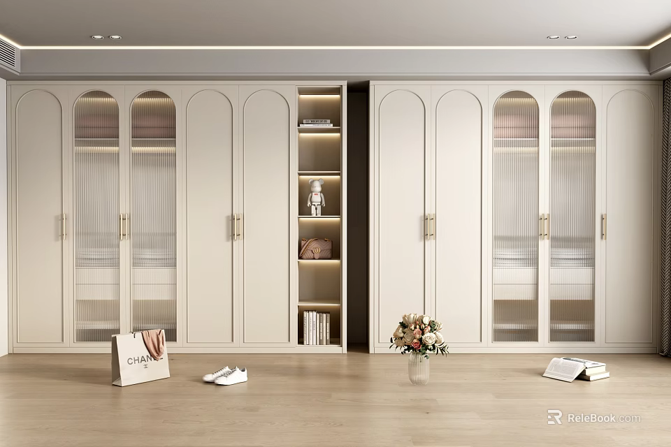 Modern Elegant Wardrobe Interior Design With Glass Doors Gold Handles And Open Storage Shelves 3d model 