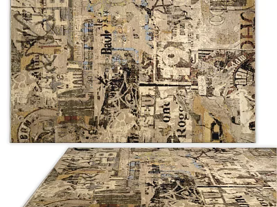 Vintage Square Rug With Newspaper Print Artistic Design In Neutral Tones 3d model
