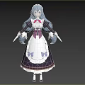 Woman in Black and White Maid Outfit with Long Blue Double Ponytails and Purple Bows