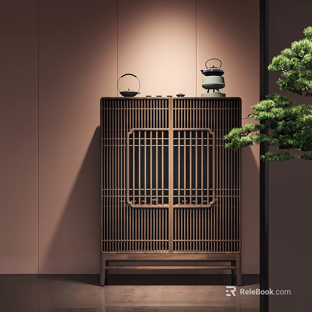 Modern Wooden Entryway Side Cabinet With Lattice Doors And Decorative Ornaments On Top 3d model 