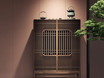 Modern Wooden Entryway Side Cabinet With Lattice Doors And Decorative Ornaments On Top 3d model