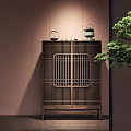Modern Wooden Entryway Side Cabinet With Lattice Doors And Decorative Ornaments On Top