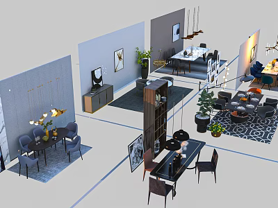 Modern Dining Table Set With Chairs Pendant Lights And Decorative Plants In Interior Design 3d model
