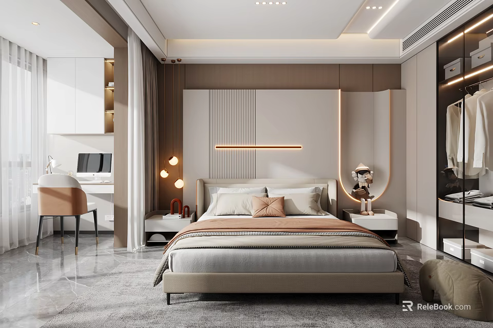 Modern Bedroom Interior With Neutral Tones Bedside Lamps Desk Chair And White Wardrobe 3d model 