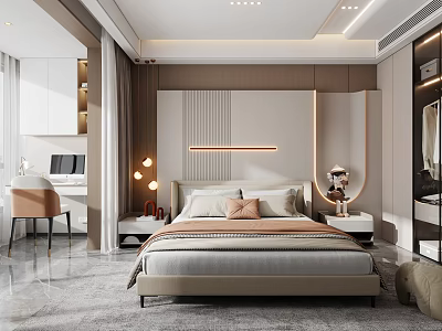 Modern Bedroom Interior With Neutral Tones Bedside Lamps Desk Chair And White Wardrobe 3d model