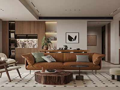 Modern Living And Dining Room Interior With Brown Sofa Wooden Coffee Table And Decorative Painting 3d model