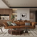 Modern Living And Dining Room Interior With Brown Sofa Wooden Coffee Table And Decorative Painting