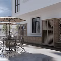 Stylish Courtyard Garden With Wooden Pergola Seating Area Pool Green Plants And Trees