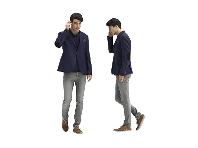Man Wearing Navy Blue Blazer Gray Pants And Brown Shoes Talking On Phone While Walking 3d model
