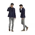 Man Wearing Navy Blue Blazer Gray Pants And Brown Shoes Talking On Phone While Walking
