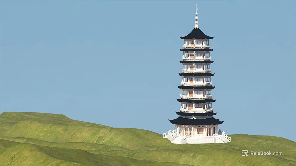 Seven Story Pagoda With Black Roof White Body On Green Hillside Under Clear Blue Sky 3d model 