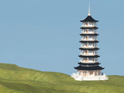 Seven Story Pagoda With Black Roof White Body On Green Hillside Under Clear Blue Sky 3d model