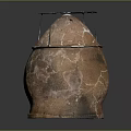 Rustic Ceramic Vessel With Cracked Surface And Metal Top Frame Structure