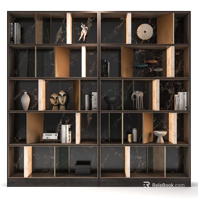 Modern Multi Tiered Display Shelves With Black Gold Accents And Decorative Items 3d model 