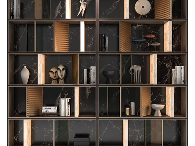 Modern Multi Tiered Display Shelves With Black Gold Accents And Decorative Items 3d model