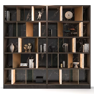 Modern Multi Tiered Display Shelves With Black Gold Accents And Decorative Items 3d model