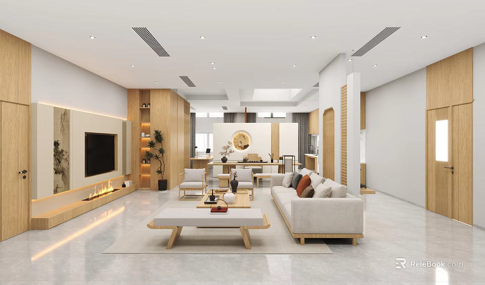 Contemporary Office Interior Design With Sofa Coffee Table TV Bookshelf And Plants 3d model 