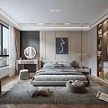 Modern Bedroom Interior Design With Gray Bedding Large Window Dressing Table And Built In Wardrobe 3d model