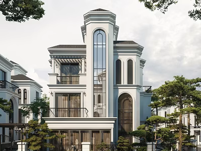 Classic Detached Villa Featuring Tall Tower Large Glass Windows and Green Surroundings 3d model