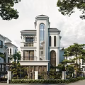 Classic Detached Villa Featuring Tall Tower Large Glass Windows and Green Surroundings