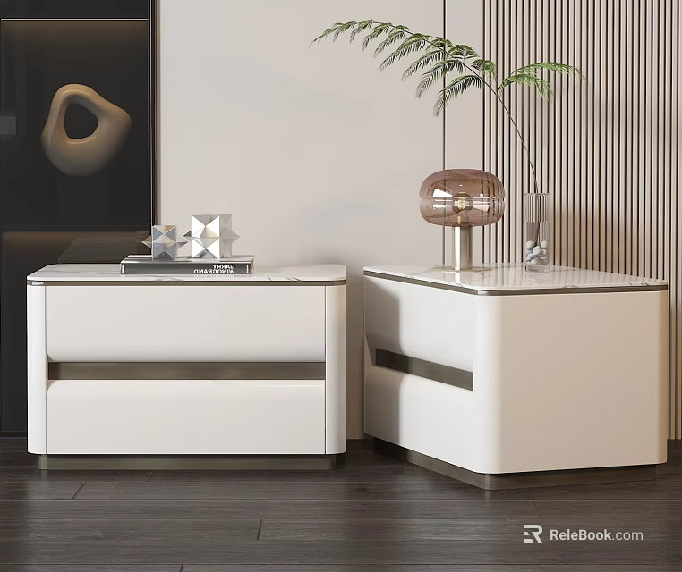 Modern White Bedside Tables With Storage Drawers Books Vase And Green Plant 3d model 