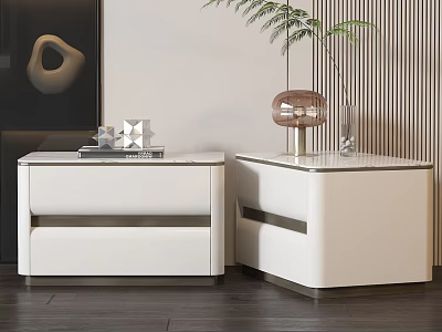 Modern White Bedside Tables With Storage Drawers Books Vase And Green Plant 3d model