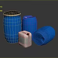 Hardware Storage Tools Blue Barrels Jugs in Various Sizes and White Small Container 3d model