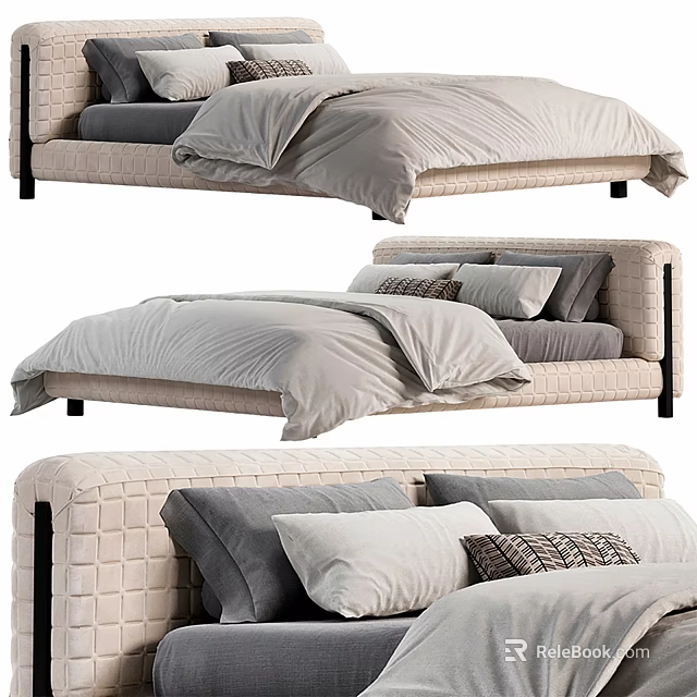 Modern Upholstered Double Bed With Grey Bedding Decorative Pillows And Woven Frame 3d model