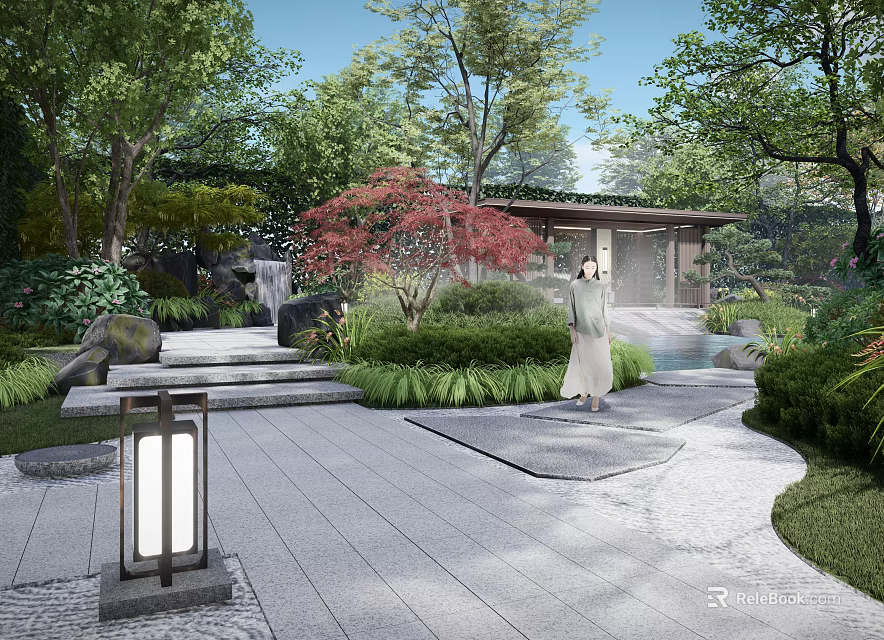 Rockery Stones In Traditional Chinese Garden With Trees Green Plants Stone Pathway And Decorative Lantern 3d model 